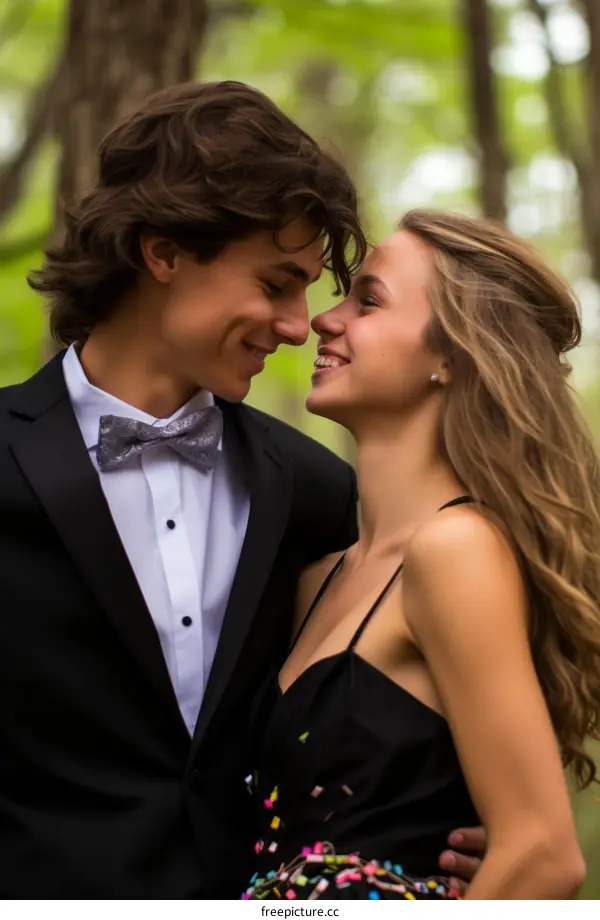 Young couple at prom smiling at each other