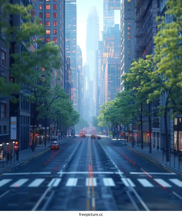 Futuristic City Street Scene with Cars and Pedestrians