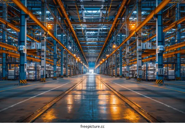 Modern Factory Interior with Metal Structure and Empty Center