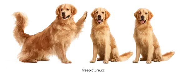 [Transparent Background PNG]Three Golden Retrievers in a Row with Different Poses