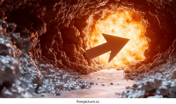 Cave Tunnel with Fiery Exit and Directional Arrow