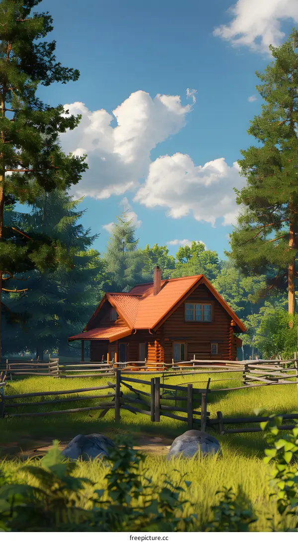 Wooden Cabin in the Forest with a Fence