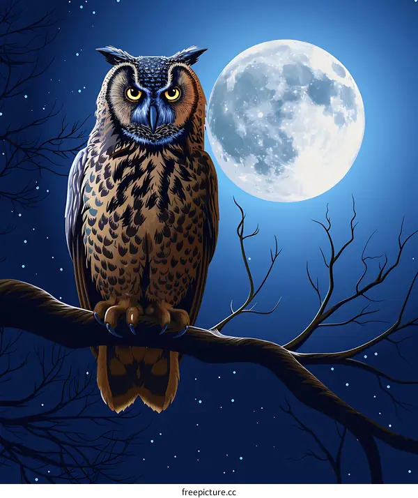 Owl Sitting on a Branch Under the Full Moon at Night