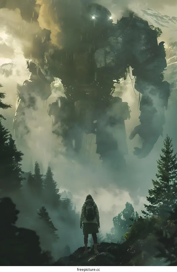 man looking up at giant robot in the forest