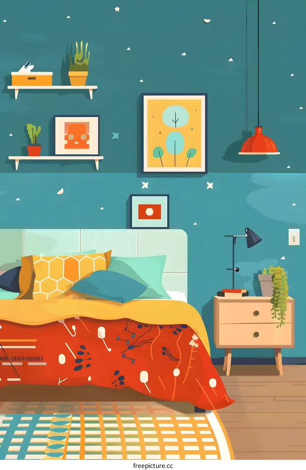 Modern Bedroom with Yellow Bed and Red Blanket