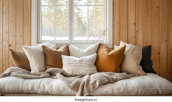 Cozy Linen Sofa with Pillows and Blanket