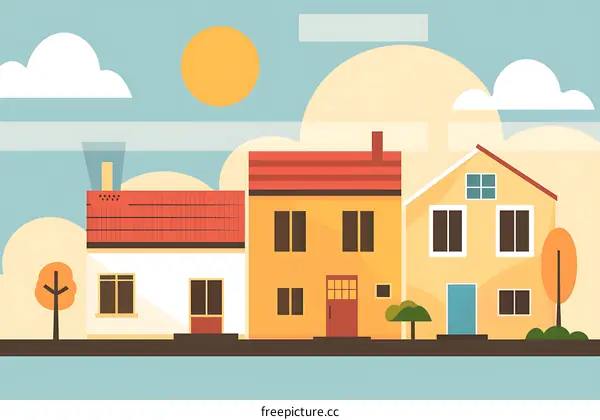 Three Houses With Red Roofs Under A Sunny Sky