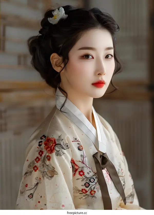 Korean Woman in Traditional Hanbok Dress With Floral Embroidery