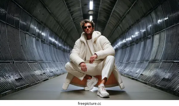 Stylish Man in a Cream-Colored Tunnel