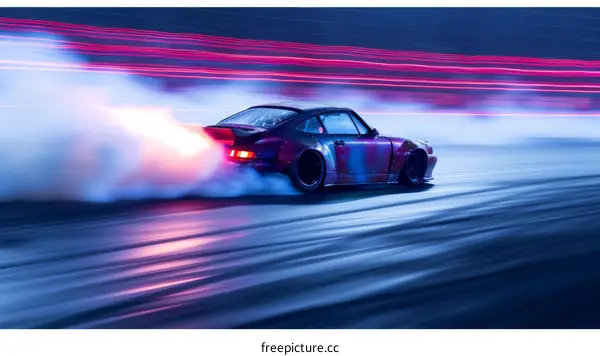 A purple and blue sports car is drifting on a wet road at night with colorful light trails in the background