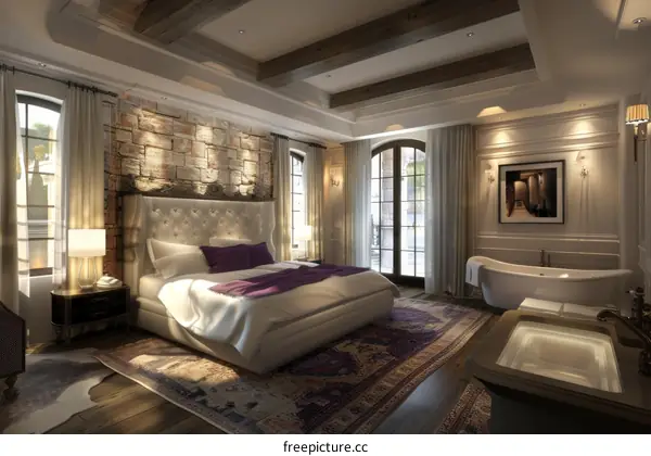 Luxury Master Bedroom with Stone Wall and Luxurious Bathroom