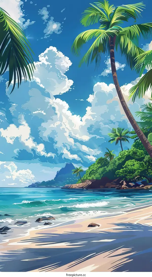 Tropical Beach with Palm Trees and Blue Sky