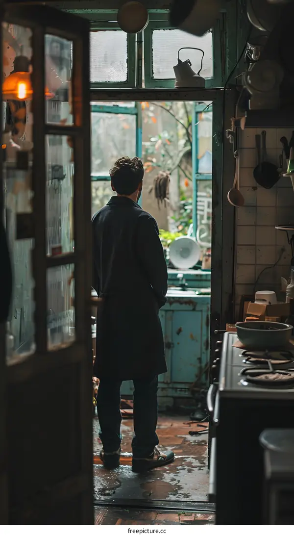 Man Looking Out Open Doorway in Kitchen