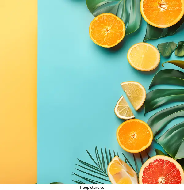 Summer Tropical Fruits and Leaves Flat Lay Background