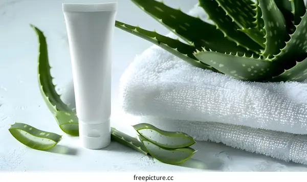 Aloe Vera Plant with White Cream Tube and Towel