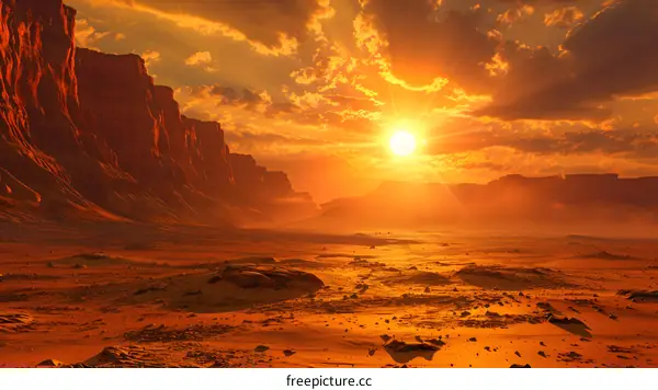 Arid desert landscape with rock formations under a setting sun