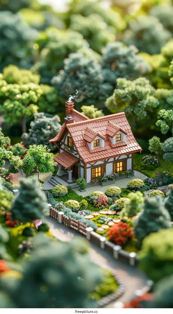 3D rendering of a small cottage in the middle of a lush forest