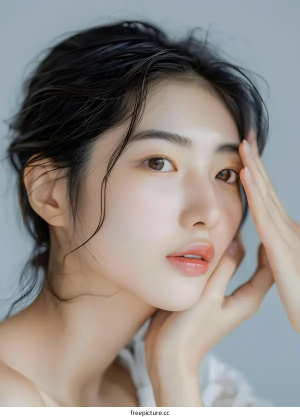 Closeup Portrait of Beautiful Young Asian Woman with Makeup and Long Black Hair