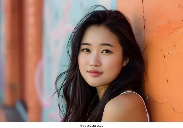 Portrait of a Young Asian Woman with Long Black Hair Leaning Against a Wall