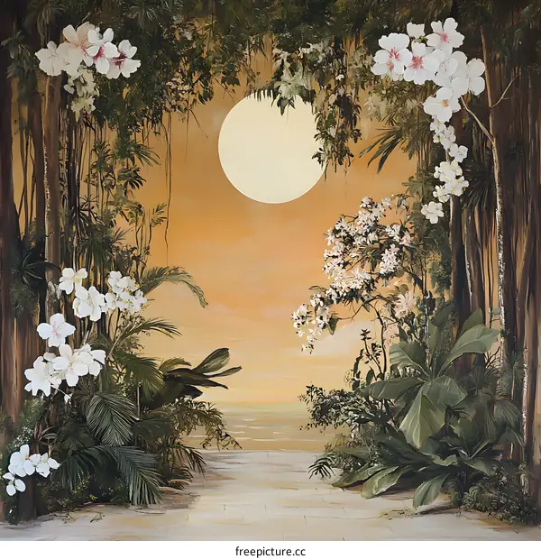Tropical Paradise Painting with Full Moon and White Flowers