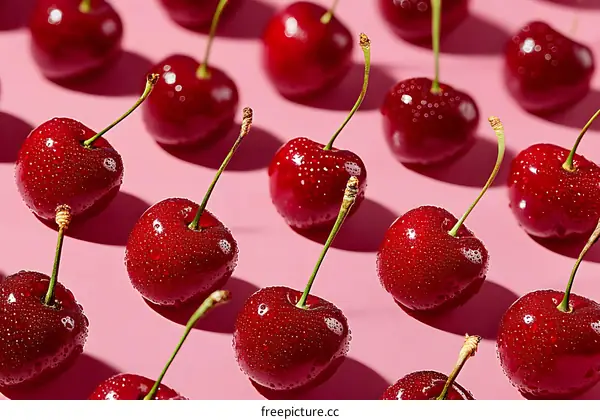 Close-up of Fresh Cherries on a Pink Background
