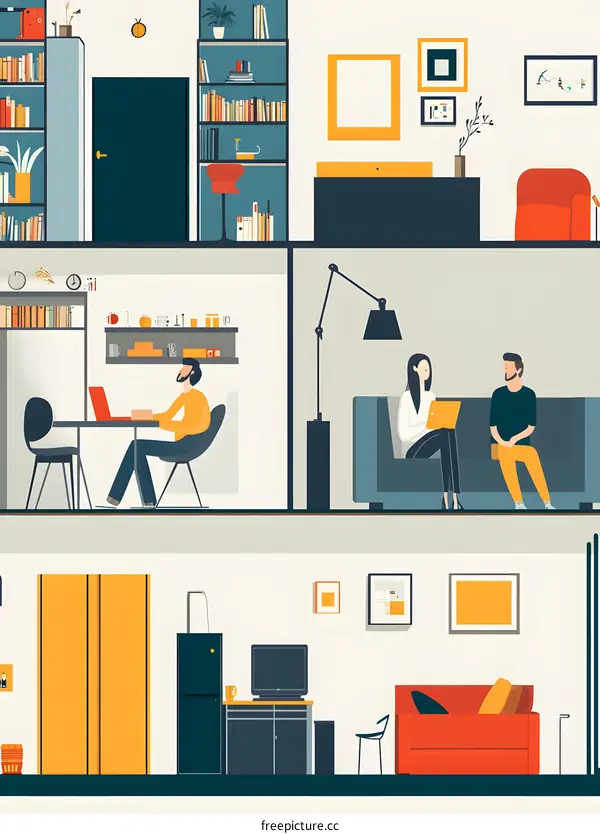 Modern Apartment Interior Design Illustration with Three People