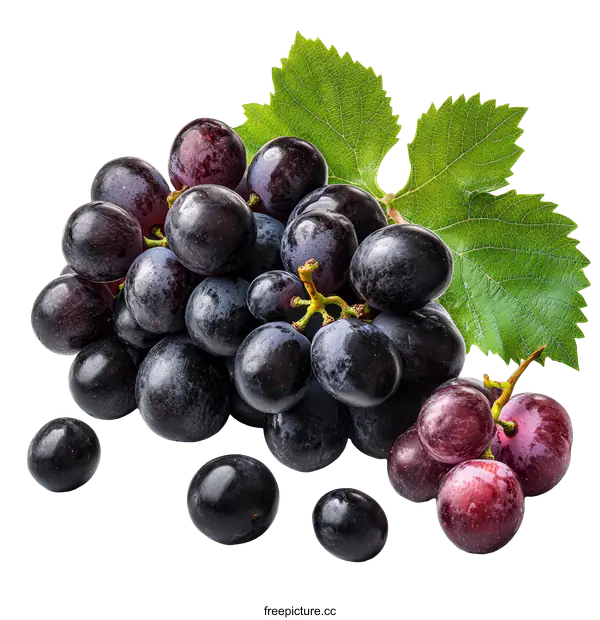 [Transparent Background PNG]Fresh Dark Purple Grapes with Leaves