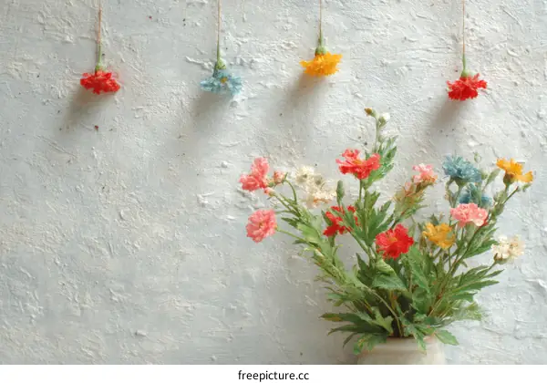 Colorful Flower Arrangement on Light Gray Wall