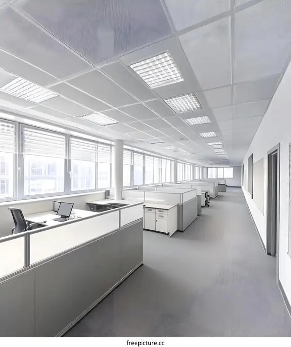 Modern Open Plan Office Space with White Walls and Grey Carpet