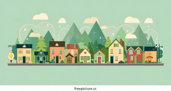 Flat Design Illustration of a Small Town With Green Mountains in the Background