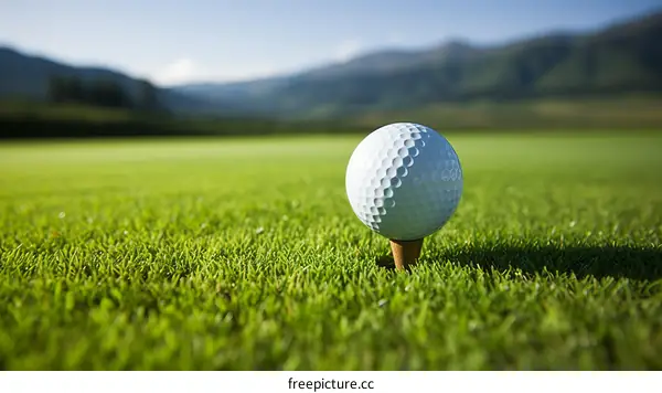 Close-up of a golf ball on a tee against blurred background of a golf course