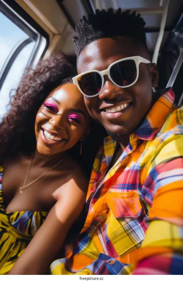 A smiling couple taking a selfie together on a train