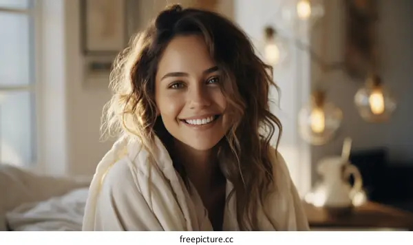 Portrait of a smiling young woman with brown hair and green eyes