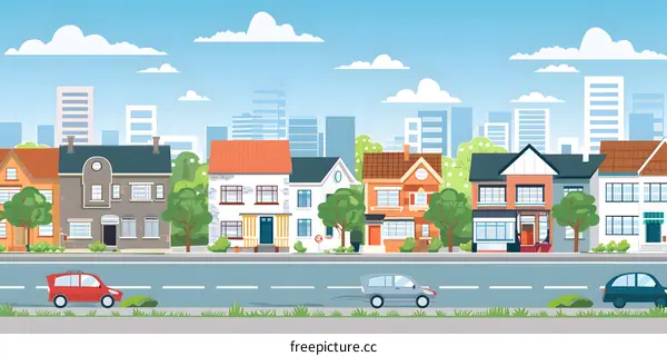 Cartoon City Street with Houses and Cars