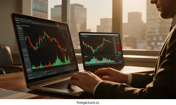 A person analyzing stock market charts on two laptops