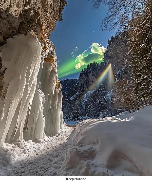 Frozen Waterfall With Aurora Borealis