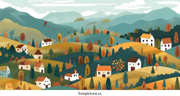 Autumn Landscape with Rolling Hills and Houses