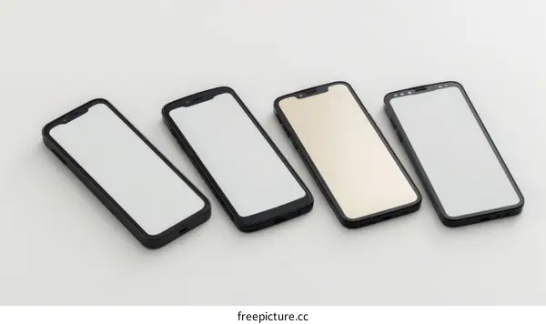 Four black and white smartphones on a white background