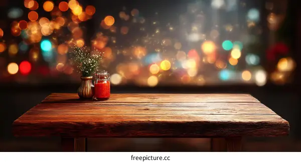 Wooden Table Top with Blurred City Lights Background