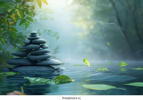 Balancing stones in water with blurred background of forest