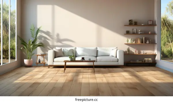 Bright living room with white sofa and wooden table