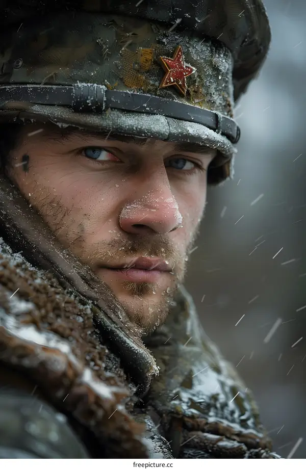 A soldier wearing a military coat in the snow