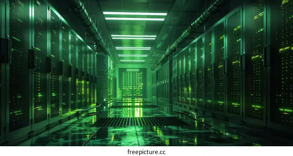 Green Server Room Interior With Rows Of Servers