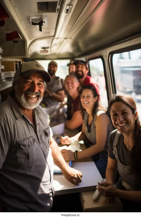 Group of people sitting in a bus smiling