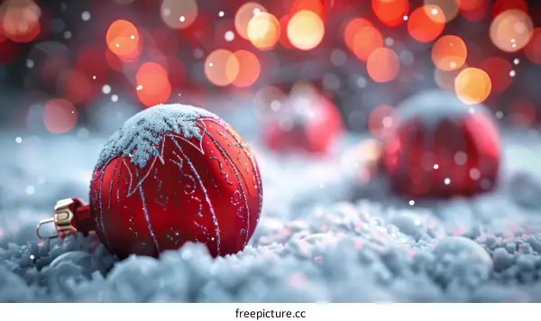 Christmas Ornament in the Snow with Festive Lights