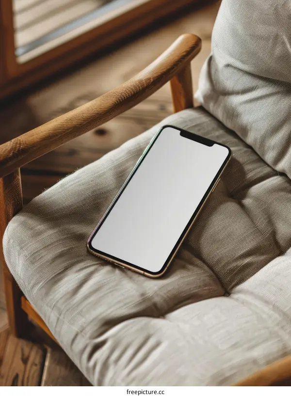 A smartphone sits on a chair