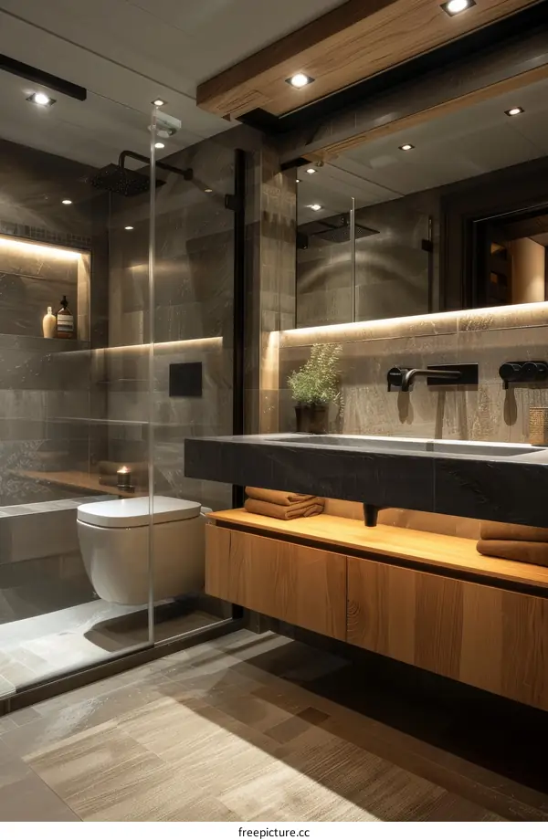 Modern Luxury Bathroom Design with Warm Wood Tones