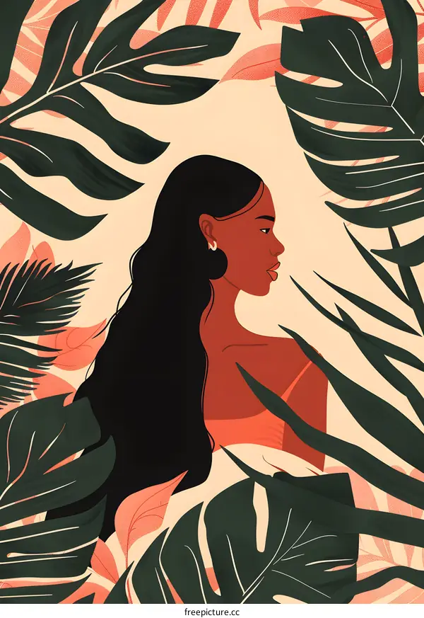 Black Woman In Tropical Leaves Illustration