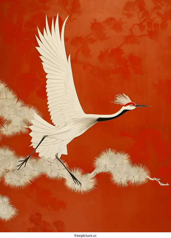 A white heron flies over a red background with pine branches