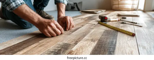 Worker Installing Laminate Flooring with Measuring Tape